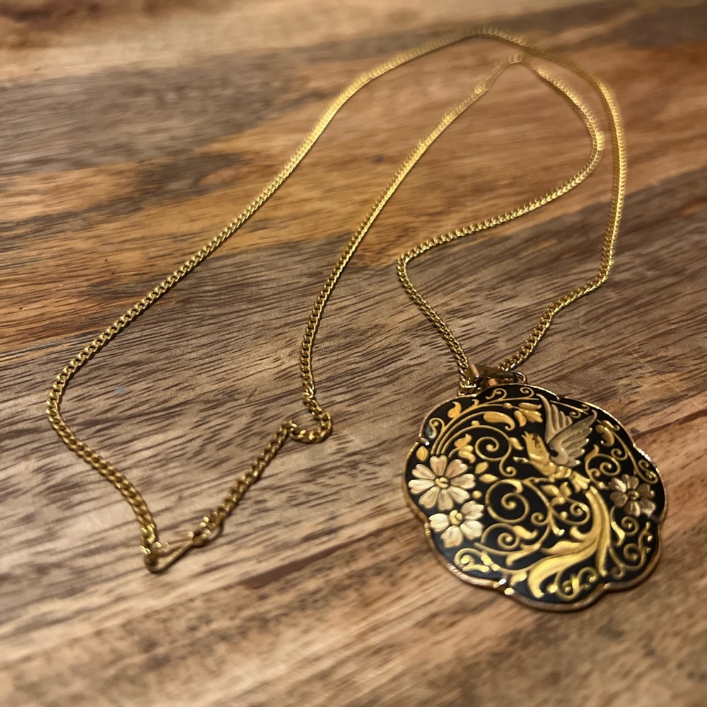 Vintage Japan Damascene Flower and Bird Necklace